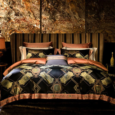 European Black Gold Baroque Embroidered Jacquard Egyptian Cotton Bedding Set
